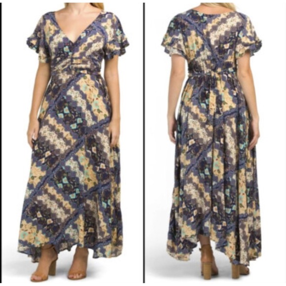 Abel the Label Women's Sz M Ghandi Navy Floral Flutter Sleeve Maxi Dress Boho - Picture 1 of 8